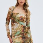 Multi Print Mini Dress Long Sleeve Square Neck Bodycon Mesh 3